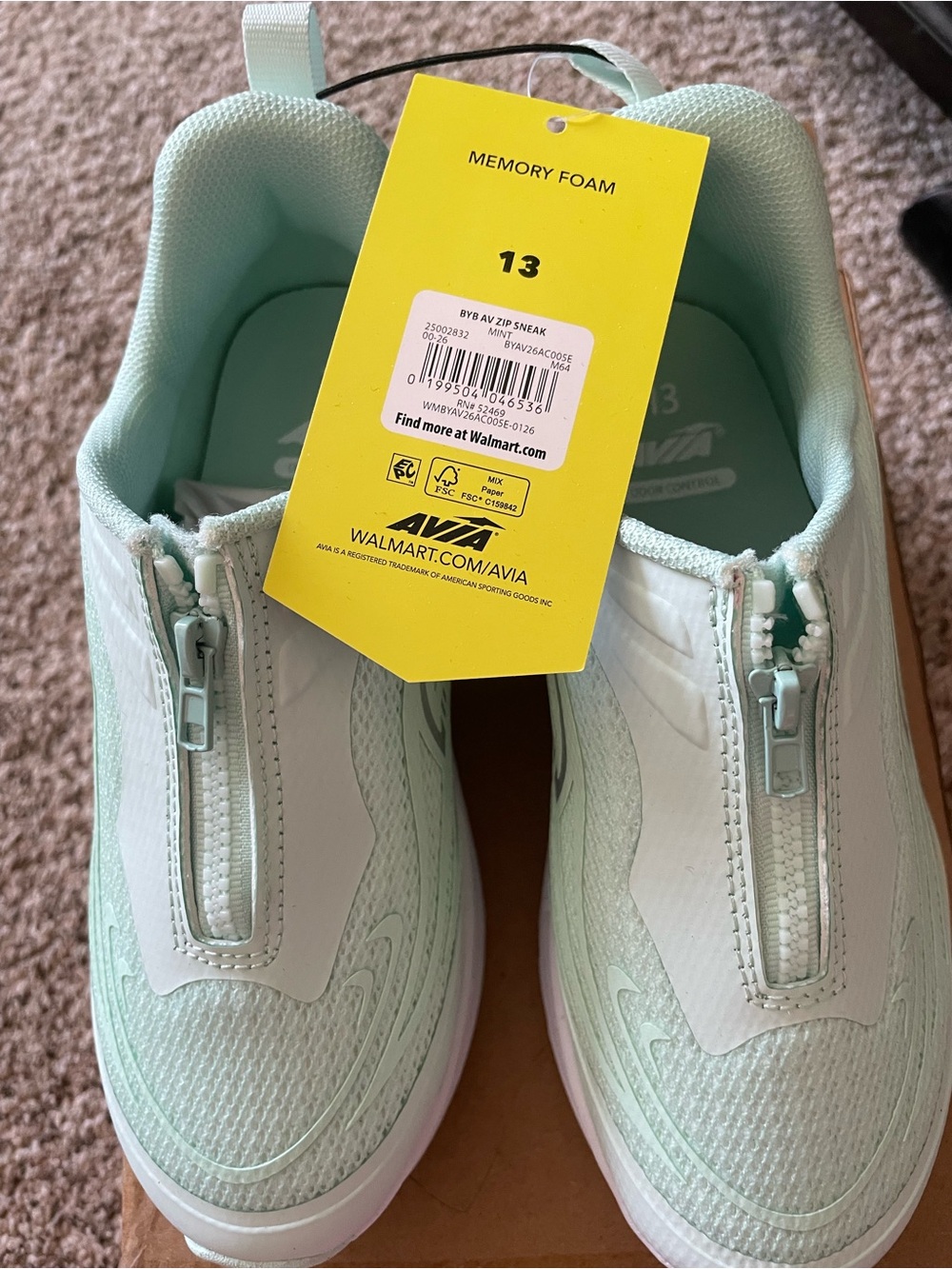 Avia Women's Zip-Front Memory Foam Sneakers — Mint